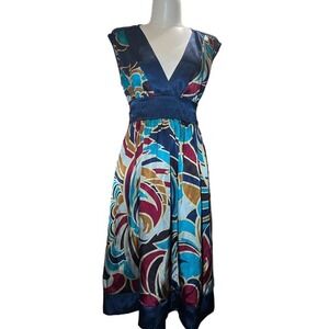 Forever Multicolor‎ Abstract Print Midi Dress V Neck Tie Waist Party